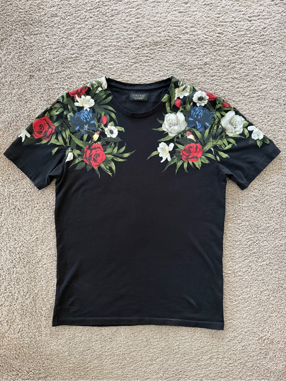 Zara Black Short Sleeve Tee with Red, White & Green Floral Shoulders